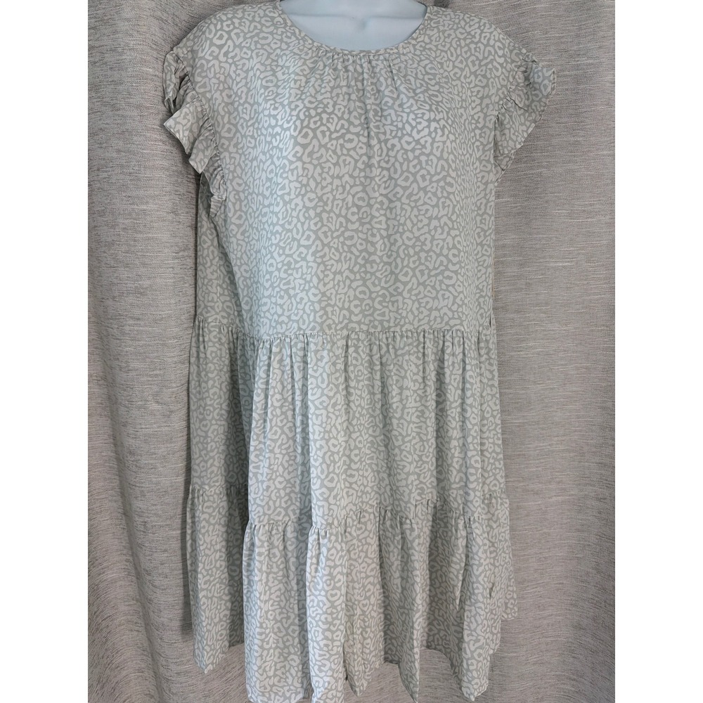 Harper Wren Sage Green Leopard Print Tiered Babydoll Dress Ruffle Sleeve Medium